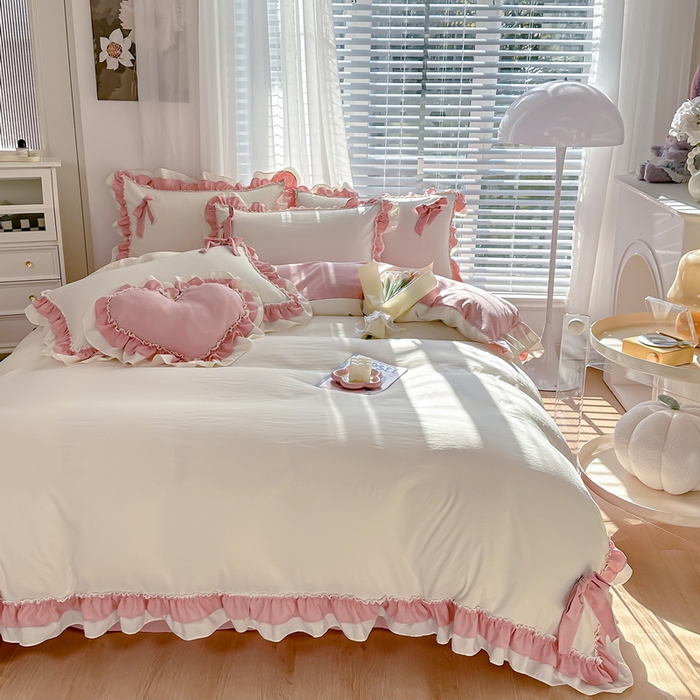 91家纺网 家纺一手货源 找家纺 言熙居 2024新款直播韩版花边水洗棉麻三件四件套小清新-白玉