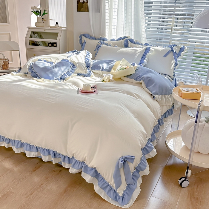 91家纺网 家纺一手货源 找家纺 言熙居 2024新款直播韩版花边水洗棉麻三件四件套小清新-白蓝