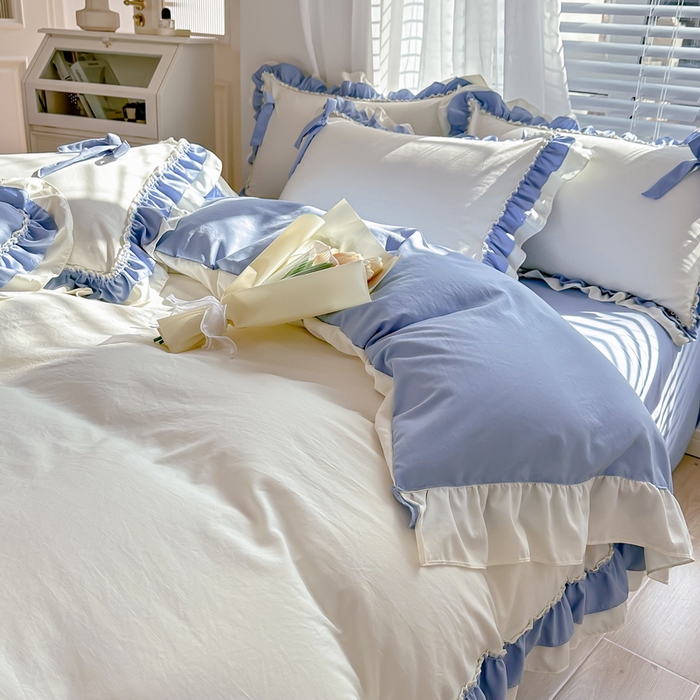 91家纺网 家纺一手货源 找家纺 言熙居 2024新款直播韩版花边水洗棉麻三件四件套小清新-白蓝