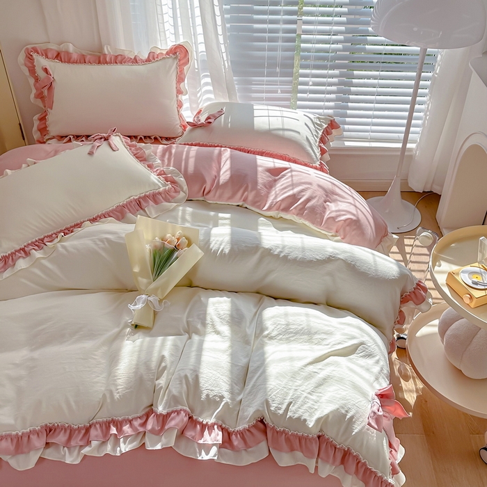 91家纺网 家纺一手货源 找家纺 言熙居 2024新款直播韩版花边水洗棉麻三件四件套小清新-白玉