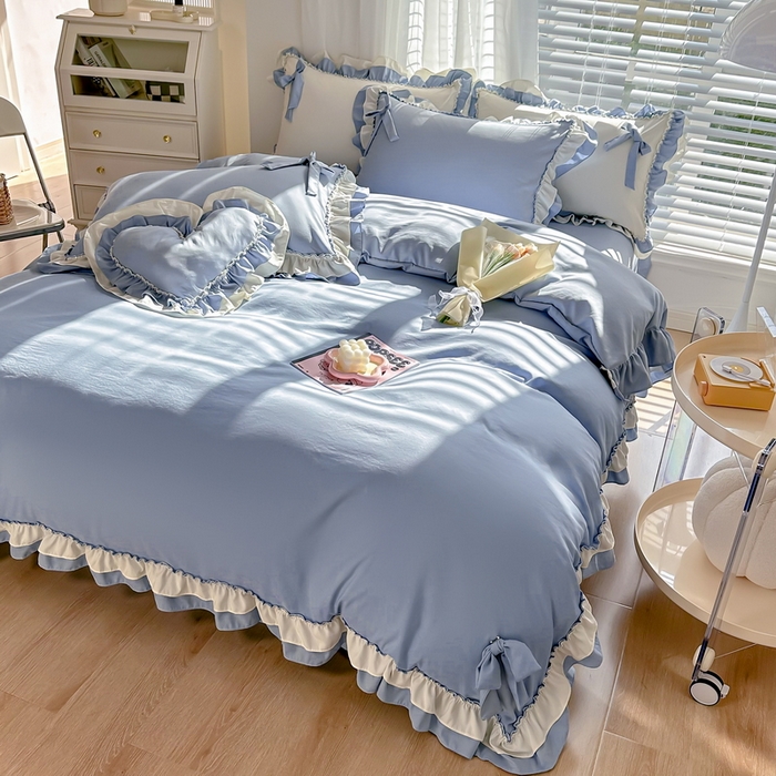 91家纺网 家纺一手货源 找家纺 言熙居 2024新款直播韩版花边水洗棉麻三件四件套小清新-蓝