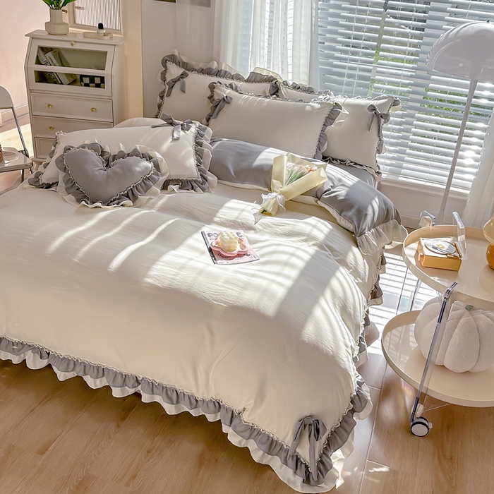 91家纺网 家纺一手货源 找家纺 言熙居 2024新款直播韩版花边水洗棉麻三件四件套小清新-灰