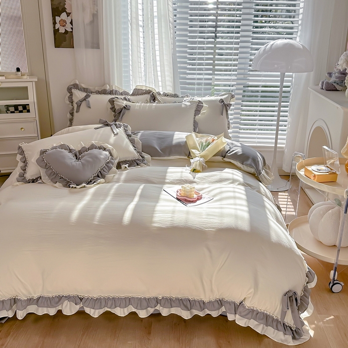 91家纺网 家纺一手货源 找家纺 言熙居 2024新款直播韩版花边水洗棉麻三件四件套小清新-灰