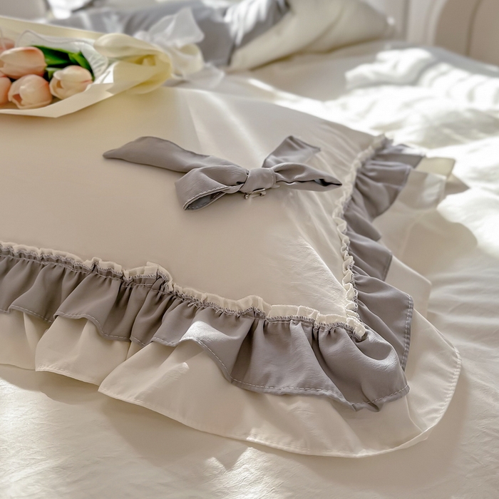 91家纺网 家纺一手货源 找家纺 言熙居 2024新款直播韩版花边水洗棉麻三件四件套小清新-灰