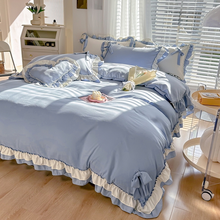 91家纺网 家纺一手货源 找家纺 言熙居 2024新款直播韩版花边水洗棉麻三件四件套小清新-蓝