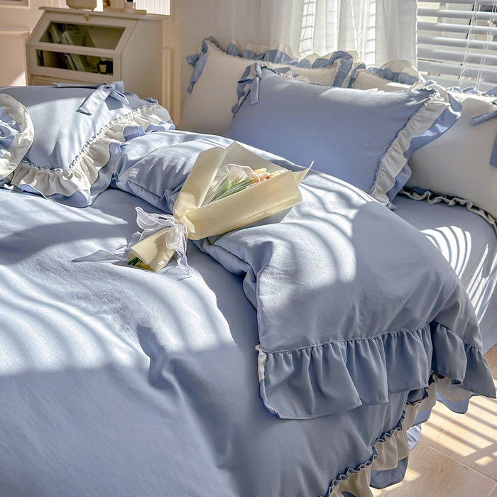 91家纺网 家纺一手货源 找家纺 言熙居 2024新款直播韩版花边水洗棉麻三件四件套小清新-蓝