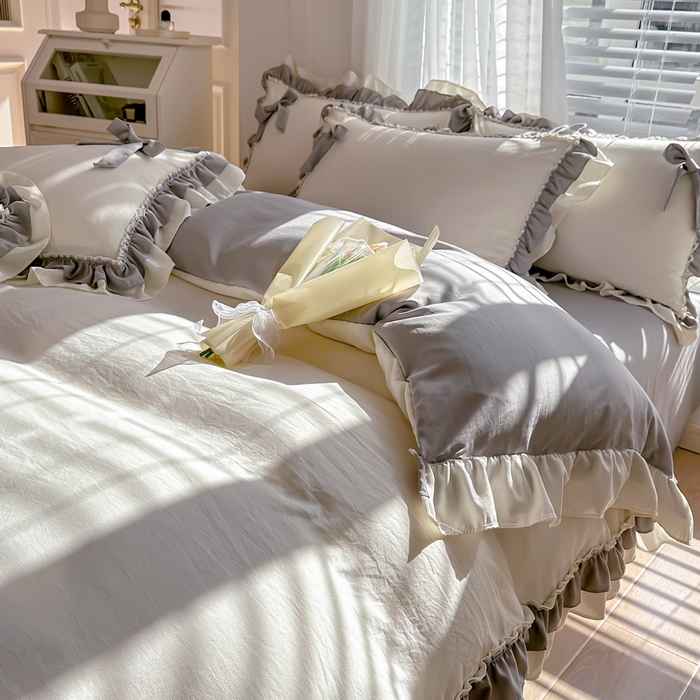 91家纺网 家纺一手货源 找家纺 言熙居 2024新款直播韩版花边水洗棉麻三件四件套小清新-灰