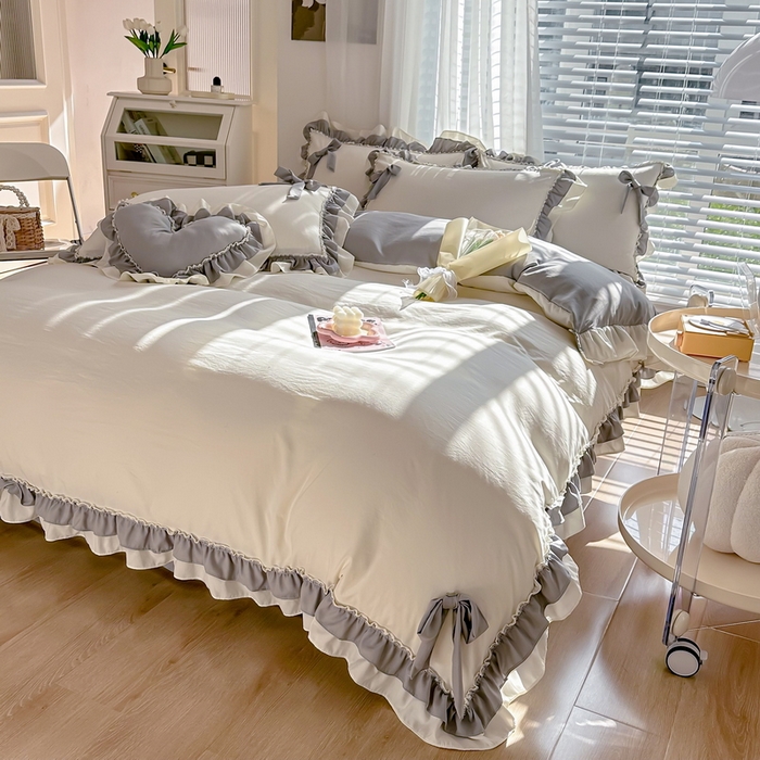 91家纺网 家纺一手货源 找家纺 言熙居 2024新款直播韩版花边水洗棉麻三件四件套小清新-灰