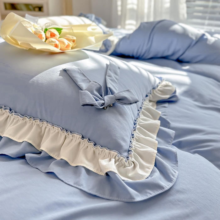 91家纺网 家纺一手货源 找家纺 言熙居 2024新款直播韩版花边水洗棉麻三件四件套小清新-蓝