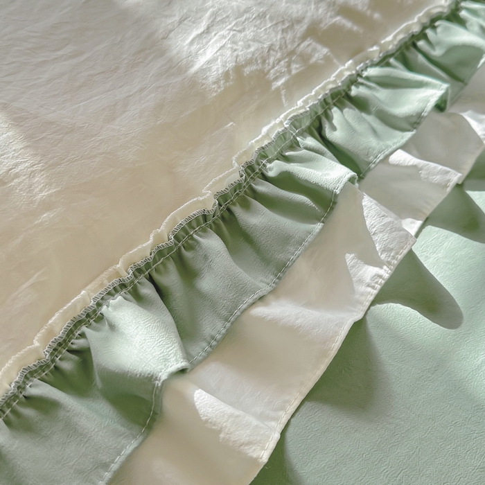 91家纺网 家纺一手货源 找家纺 言熙居 2024新款直播韩版花边水洗棉麻三件四件套小清新-绿