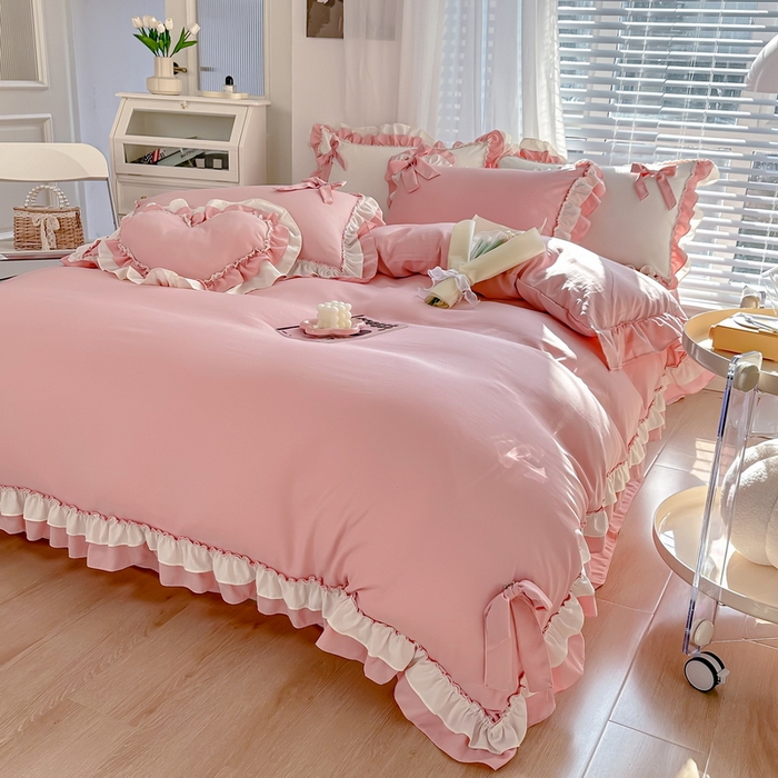 91家纺网 家纺一手货源 找家纺 言熙居 2024新款直播韩版花边水洗棉麻三件四件套小清新-玉