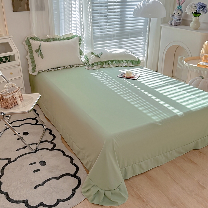 91家纺网 家纺一手货源 找家纺 言熙居 2024新款直播韩版花边水洗棉麻三件四件套小清新-绿