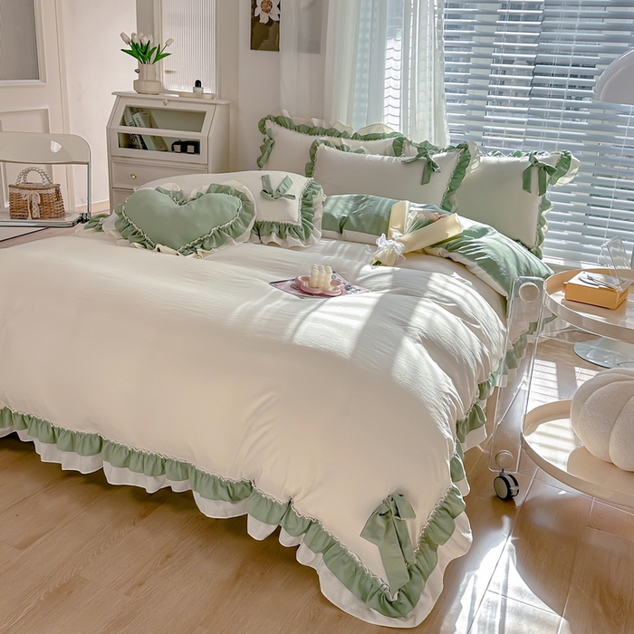 91家纺网 家纺一手货源 找家纺 言熙居 2024新款直播韩版花边水洗棉麻三件四件套小清新-绿