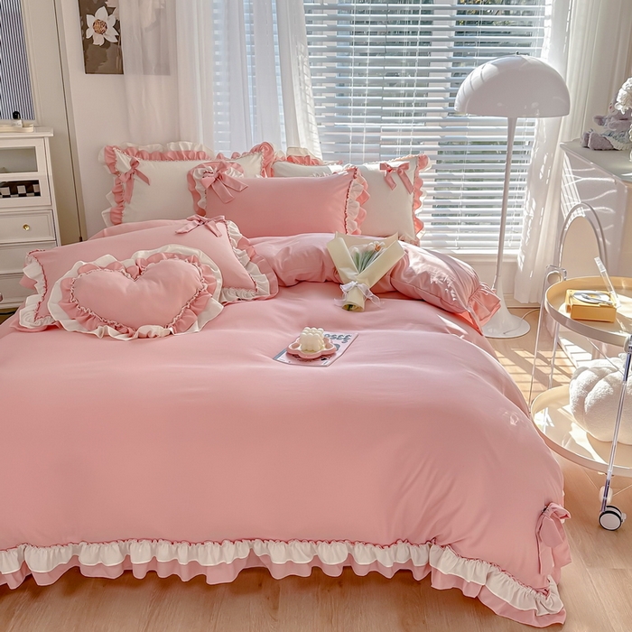 91家纺网 家纺一手货源 找家纺 言熙居 2024新款直播韩版花边水洗棉麻三件四件套小清新-玉