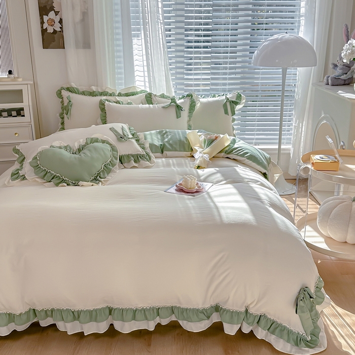 91家纺网 家纺一手货源 找家纺 言熙居 2024新款直播韩版花边水洗棉麻三件四件套小清新-绿