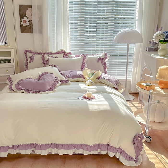 91家纺网 家纺一手货源 找家纺 言熙居 2024新款直播韩版花边水洗棉麻三件四件套小清新-紫