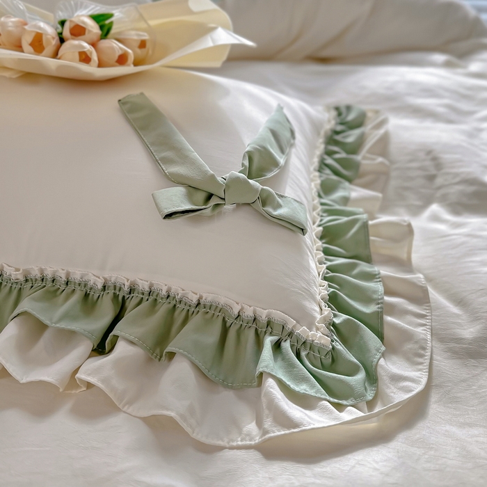 91家纺网 家纺一手货源 找家纺 言熙居 2024新款直播韩版花边水洗棉麻三件四件套小清新-绿