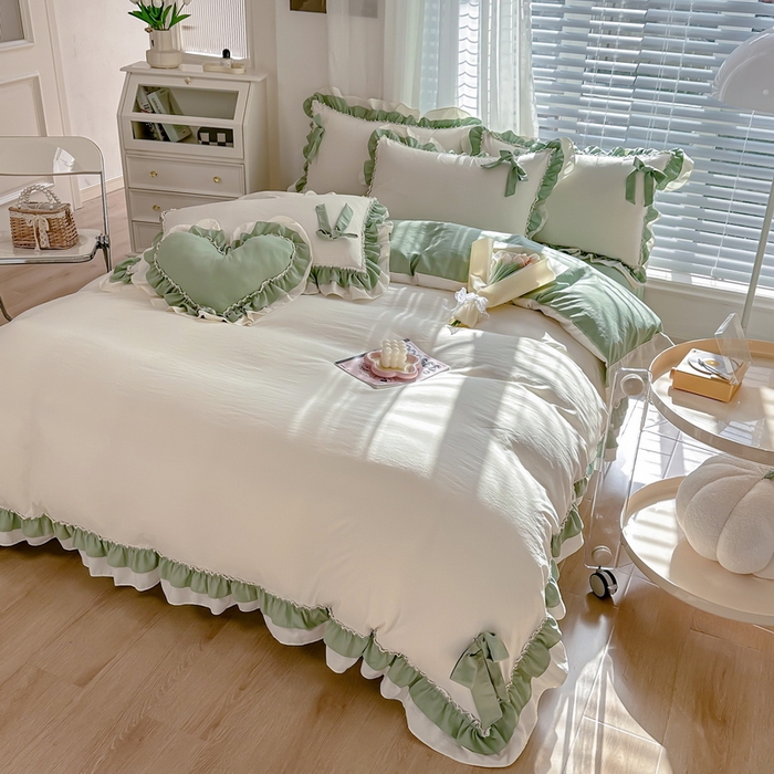 91家纺网 家纺一手货源 找家纺 言熙居 2024新款直播韩版花边水洗棉麻三件四件套小清新-绿