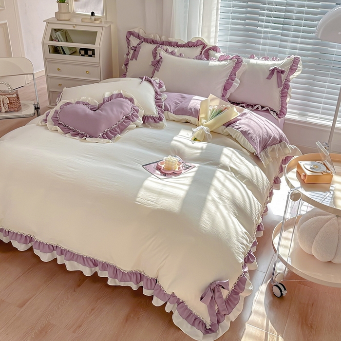 91家纺网 家纺一手货源 找家纺 言熙居 2024新款直播韩版花边水洗棉麻三件四件套小清新-紫