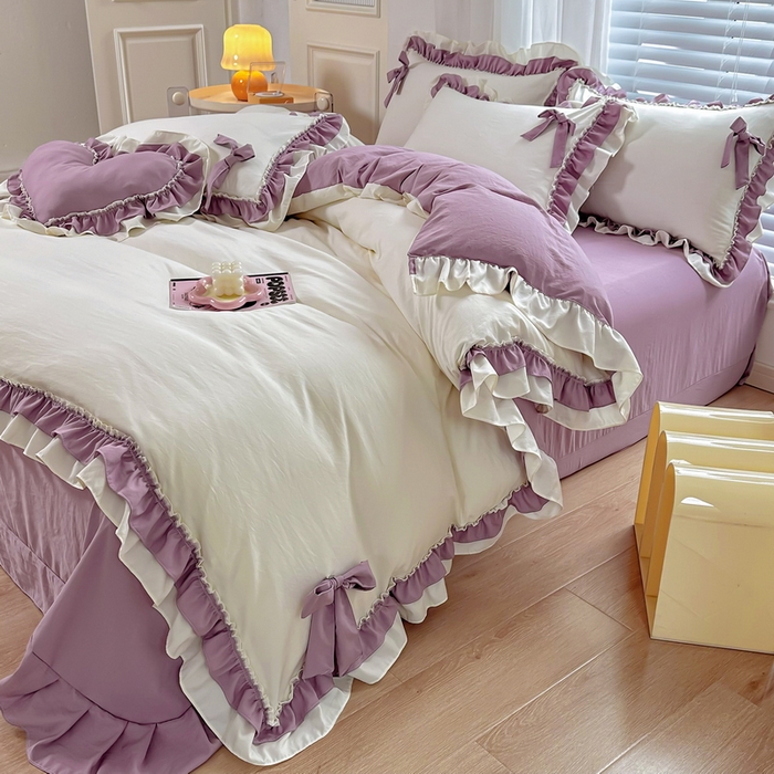 91家纺网 家纺一手货源 找家纺 言熙居 2024新款直播韩版花边水洗棉麻三件四件套小清新-紫