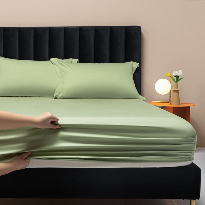 91家纺网 家纺一手货源 找家纺 秀色家纺 2025新款A类50支贡缎双股长绒棉单品床笠艾绿