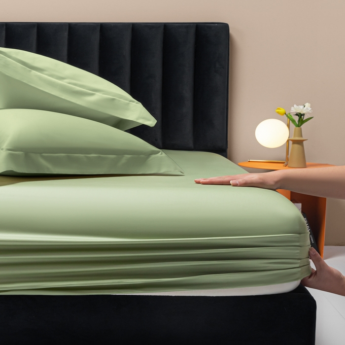 91家纺网 家纺一手货源 找家纺 秀色家纺 2025新款A类50支贡缎双股长绒棉单品床笠艾绿