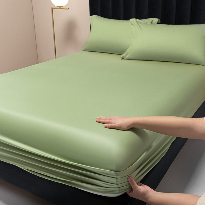 91家纺网 家纺一手货源 找家纺 秀色家纺 2025新款A类50支贡缎双股长绒棉单品床笠艾绿