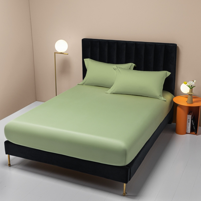 91家纺网 家纺一手货源 找家纺 秀色家纺 2025新款A类50支贡缎双股长绒棉单品床笠艾绿