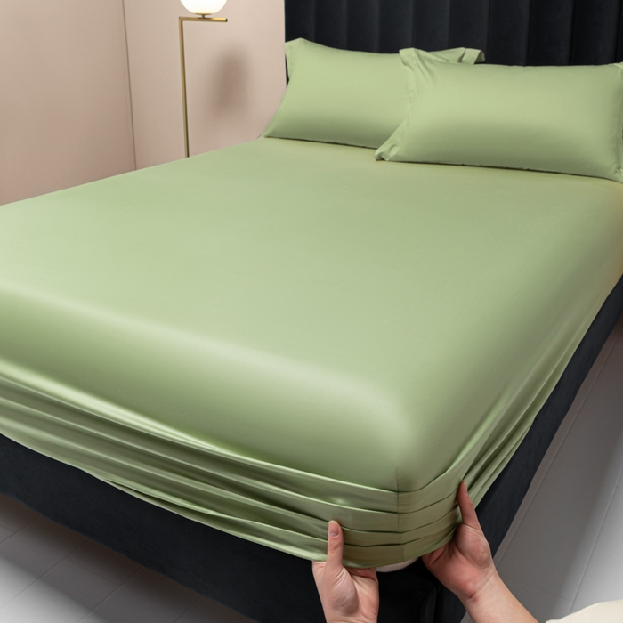 91家纺网 家纺一手货源 找家纺 秀色家纺 2025新款A类50支贡缎双股长绒棉单品床笠艾绿