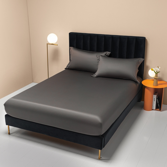 91家纺网 家纺一手货源 找家纺 秀色家纺 2025新款A类50支贡缎双股长绒棉单品床笠帝王灰