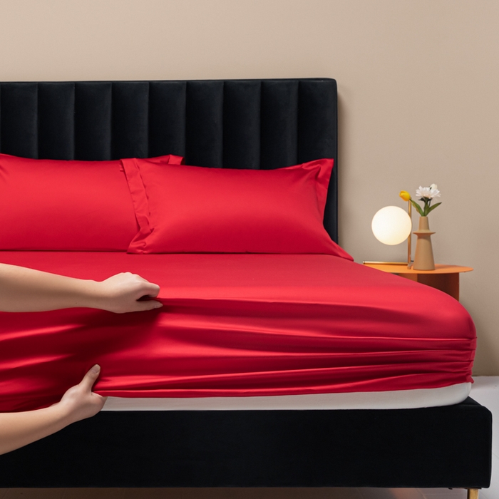 91家纺网 家纺一手货源 找家纺 秀色家纺 2025新款A类50支贡缎双股长绒棉单品床笠海棠红