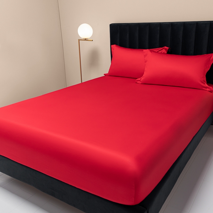 91家纺网 家纺一手货源 找家纺 秀色家纺 2025新款A类50支贡缎双股长绒棉单品床笠海棠红