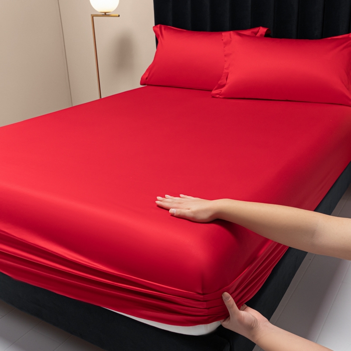 91家纺网 家纺一手货源 找家纺 秀色家纺 2025新款A类50支贡缎双股长绒棉单品床笠海棠红