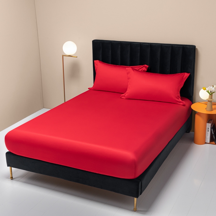 91家纺网 家纺一手货源 找家纺 秀色家纺 2025新款A类50支贡缎双股长绒棉单品床笠海棠红