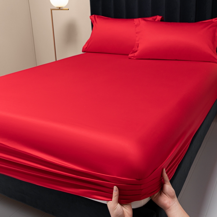 91家纺网 家纺一手货源 找家纺 秀色家纺 2025新款A类50支贡缎双股长绒棉单品床笠海棠红