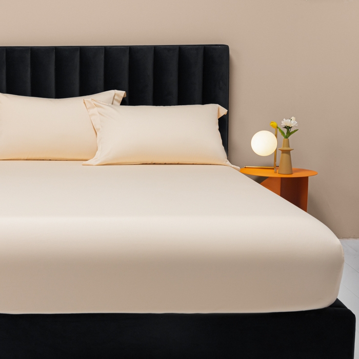 91家纺网 家纺一手货源 找家纺 秀色家纺 2025新款A类50支贡缎双股长绒棉单品床笠奶昔白