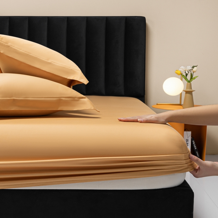 91家纺网 家纺一手货源 找家纺 秀色家纺 2025新款A类50支贡缎双股长绒棉单品床笠南瓜橘