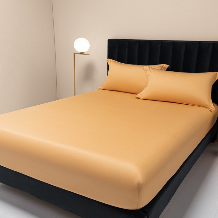 91家纺网 家纺一手货源 找家纺 秀色家纺 2025新款A类50支贡缎双股长绒棉单品床笠南瓜橘