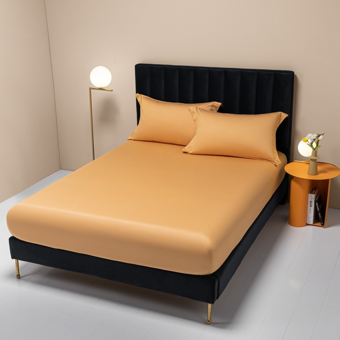 91家纺网 家纺一手货源 找家纺 秀色家纺 2025新款A类50支贡缎双股长绒棉单品床笠南瓜橘