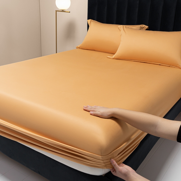 91家纺网 家纺一手货源 找家纺 秀色家纺 2025新款A类50支贡缎双股长绒棉单品床笠南瓜橘