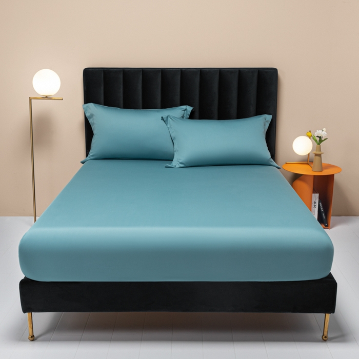 91家纺网 家纺一手货源 找家纺 秀色家纺 2025新款A类50支贡缎双股长绒棉单品床笠雾霾蓝