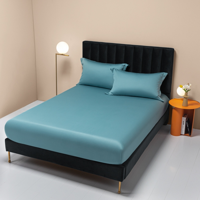 91家纺网 家纺一手货源 找家纺 秀色家纺 2025新款A类50支贡缎双股长绒棉单品床笠雾霾蓝