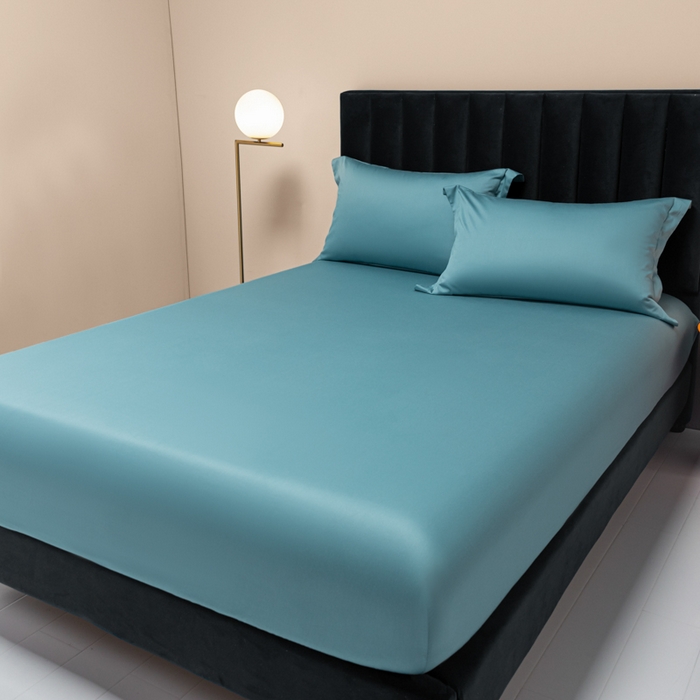 91家纺网 家纺一手货源 找家纺 秀色家纺 2025新款A类50支贡缎双股长绒棉单品床笠雾霾蓝