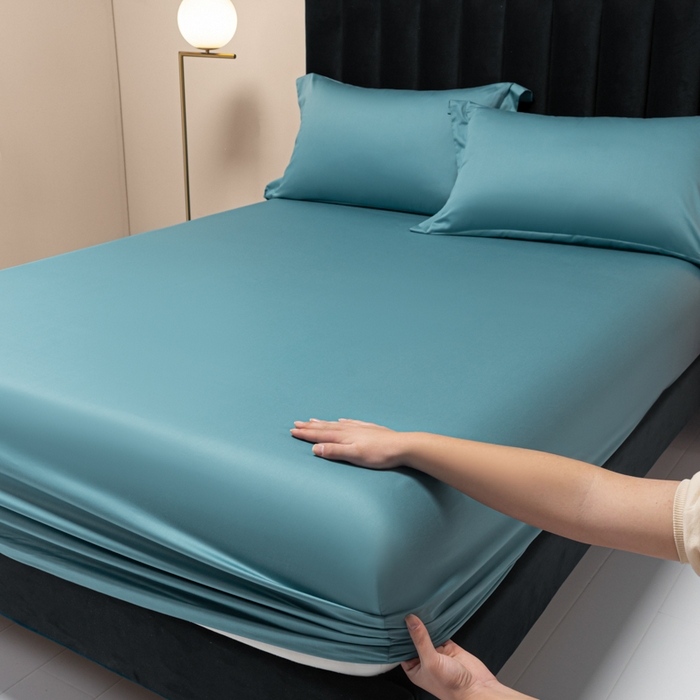 91家纺网 家纺一手货源 找家纺 秀色家纺 2025新款A类50支贡缎双股长绒棉单品床笠雾霾蓝