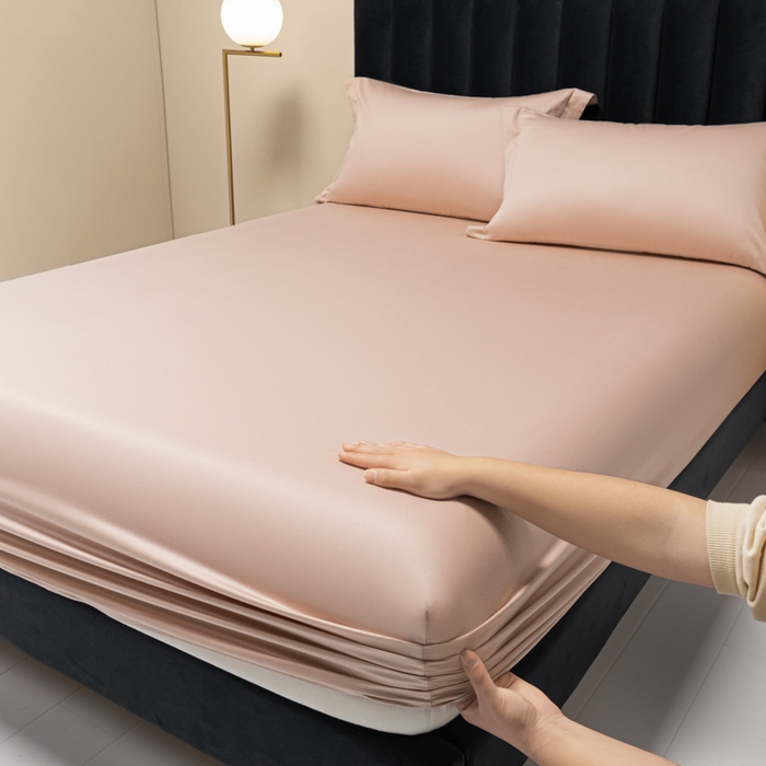 91家纺网 家纺一手货源 找家纺 秀色家纺 2025新款A类50支贡缎双股长绒棉单品床笠玉颜粉