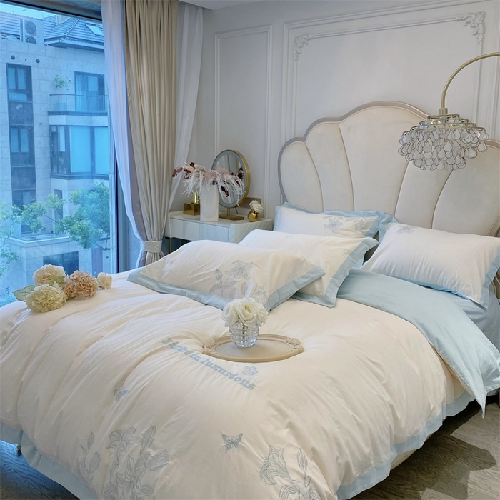 91家纺网 家纺一手货源 找家纺 安妮 2023新款四件套百合花系列 蓝