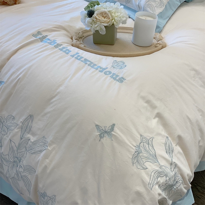 91家纺网 家纺一手货源 找家纺 安妮 2023新款四件套百合花系列 蓝