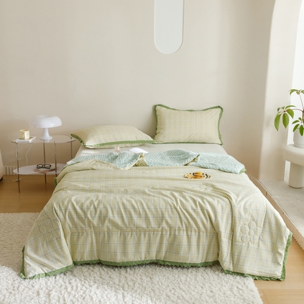 有货 2023新款小清新花边韩版水洗棉麻豆豆夏被简约复古风 格格