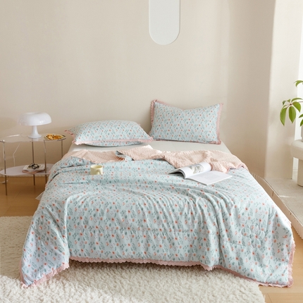 有货 2023新款小清新花边韩版水洗棉麻豆豆夏被简约复古风 盛开