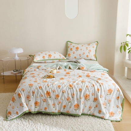 有货 2023新款 小清新花边韩版水洗棉麻豆豆夏被简约复古风 向阳花